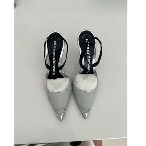 ALEXANDER WANG METALLIC LEATHER AND SATIN MESH SLINGBACK PUMPS IN SILVER